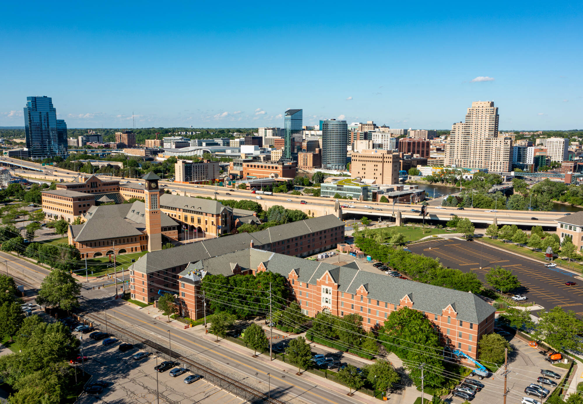 Drone view of the GVSU City Campus in downtown Grand Rapids.